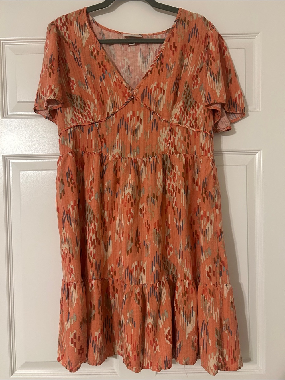 Knox Rose Aztec Southwestern Boho Flutter Sleeve Dress w/ Smock Back Waist